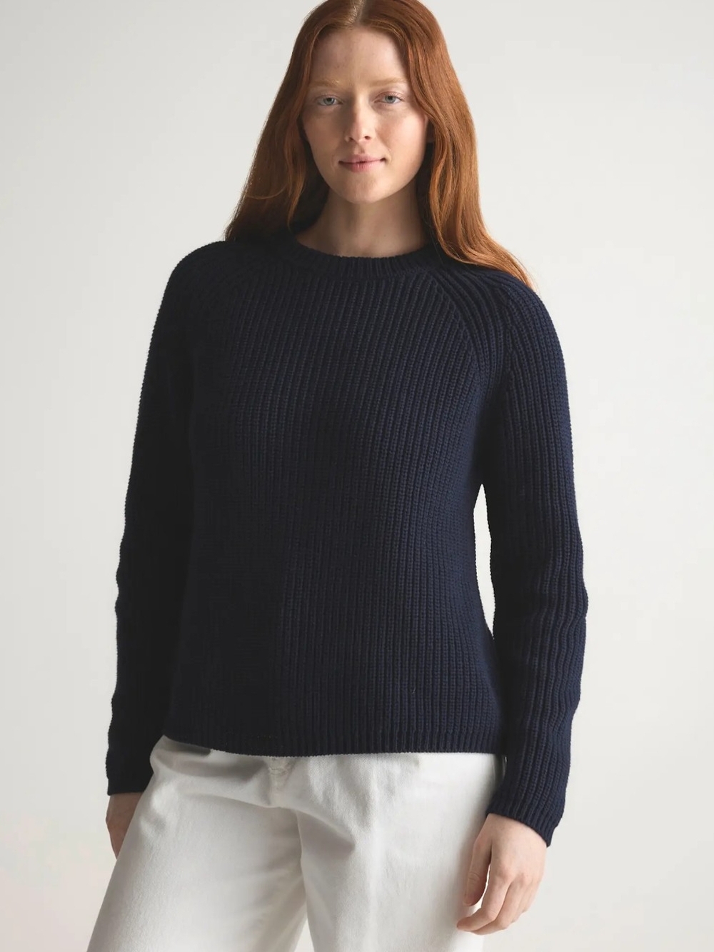 Quince Women 100% Organic Cotton Fisherman Crew Sweater L Navy Chunky Minimalist